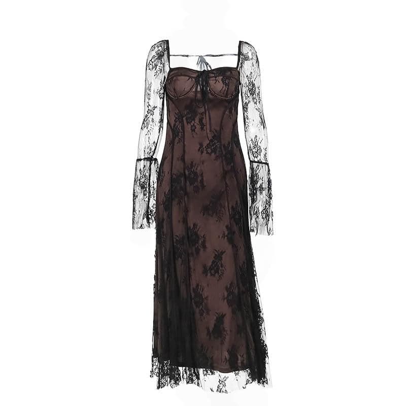 Square Neck Corset Lace Long Sleeve Bell Cuff Paneled Maxi Dress 9