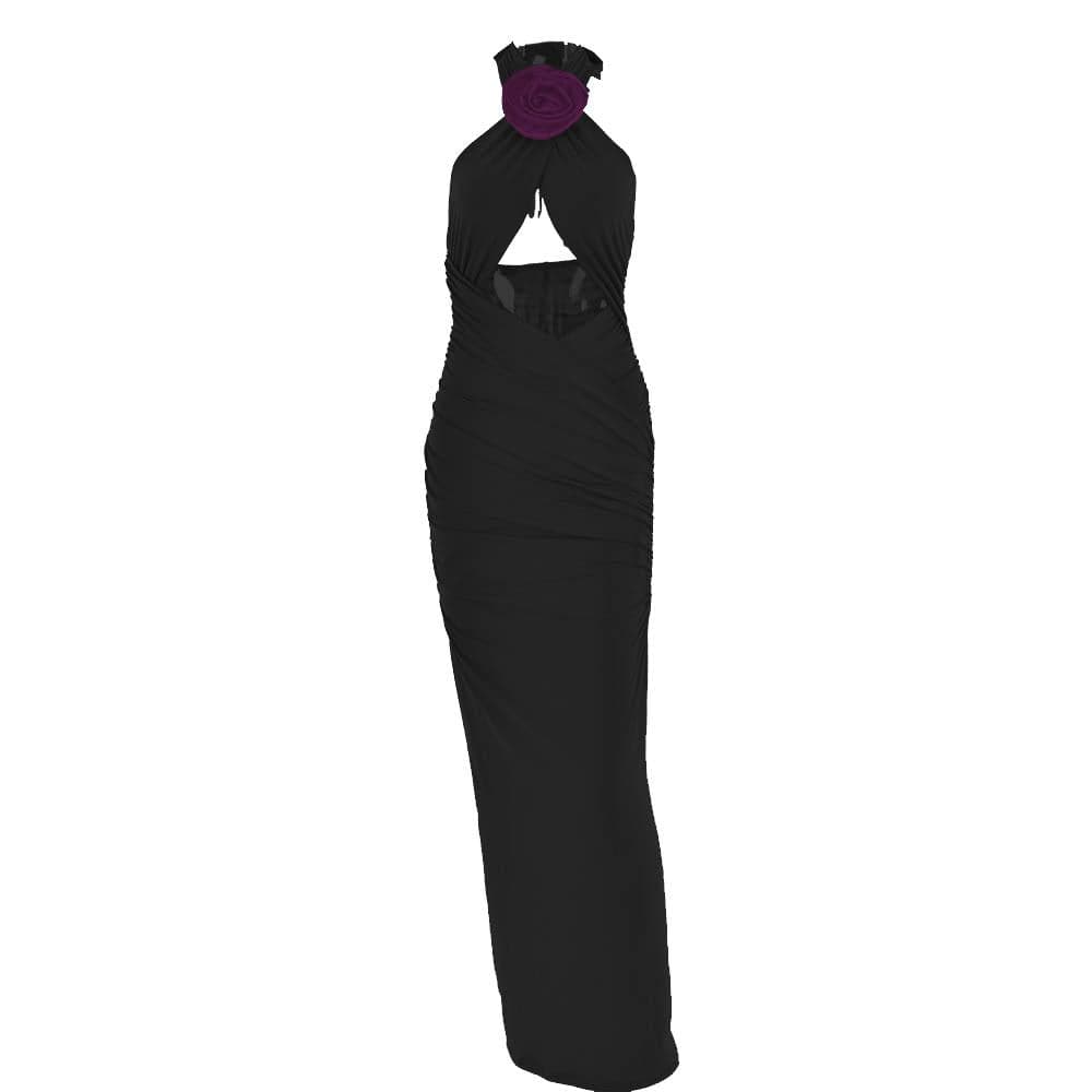 Halter Neck Flower Applique Cutout Cross Front Contrast Ruched Maxi Dress 9