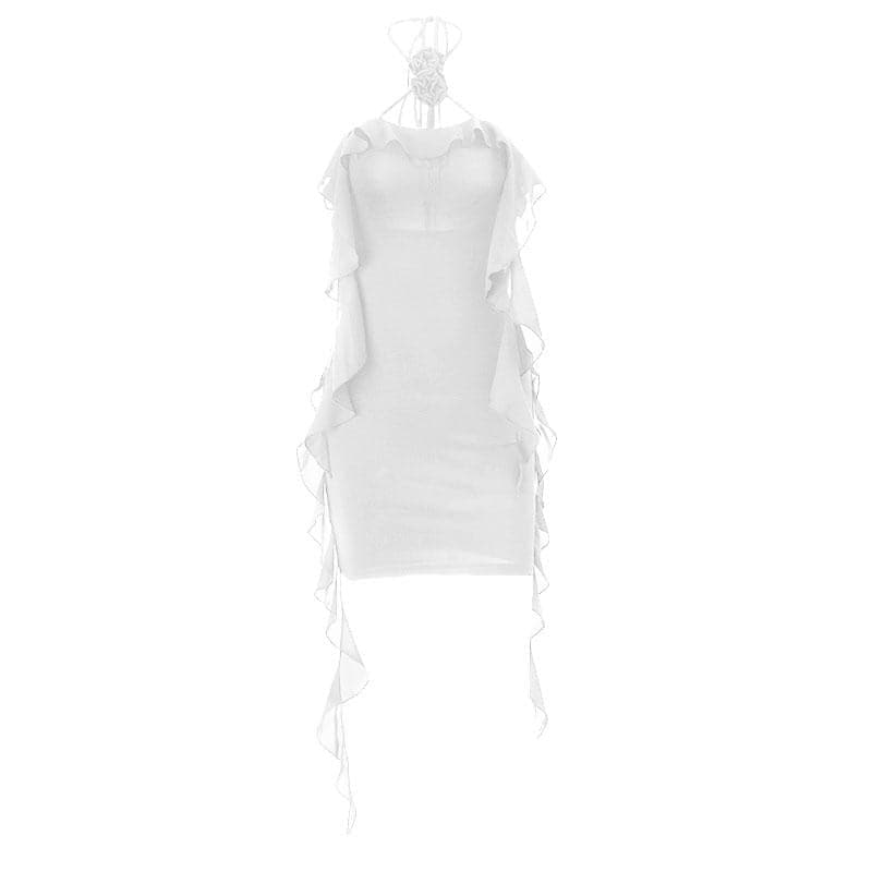 Halter Rosette Choker Side Ruffle Trim Bodycon Mini Dress 3