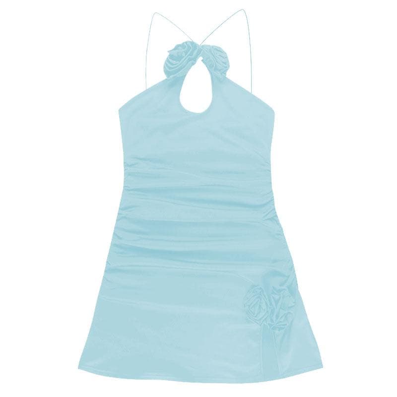 Halter Flower Applique Keyhole Ruched Side Slit Mini Dress 10