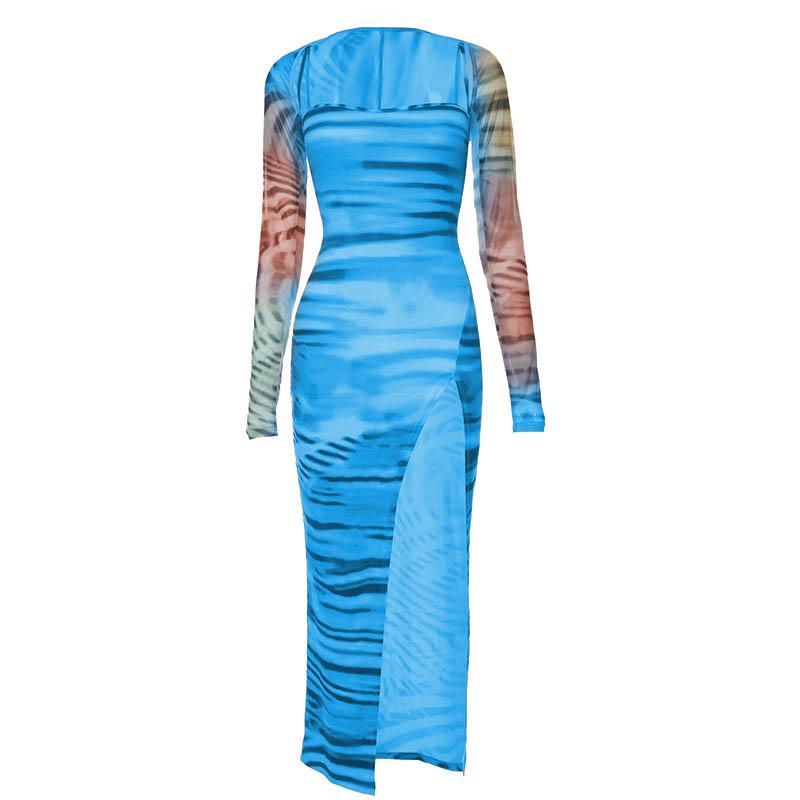 Tiger Print Spaghetti Strap Thigh Slit Bodycon Maxi Dress with Long Sleeve Shrug 11