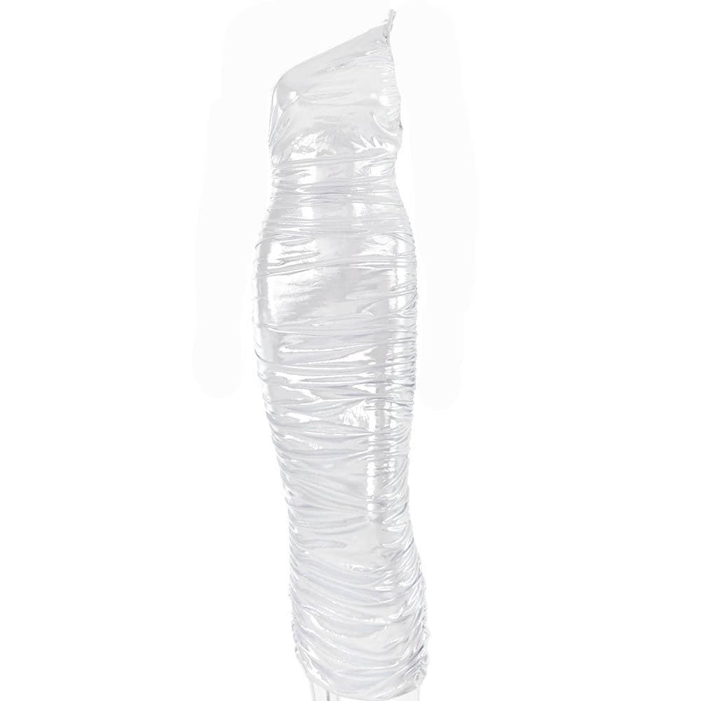 One Shoulder Asymmetric Neck Side Seam Ruched Zip Detail Floor Length Maxi Dress 2