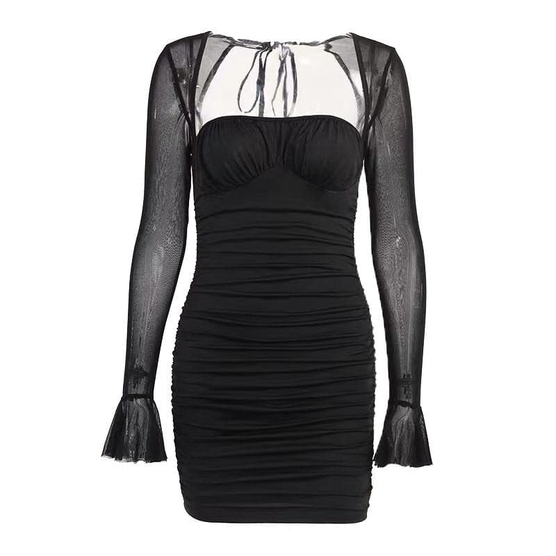 Square Neck Sweetheart Bust Ruched Mesh Bell Sleeve Mini Dress 6