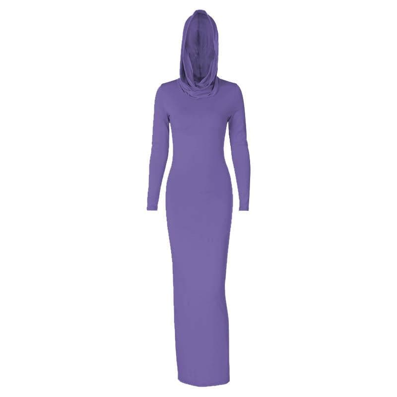 Hooded Long Sleeve Cowl Neck Side Slit Bodycon Maxi Dress 11