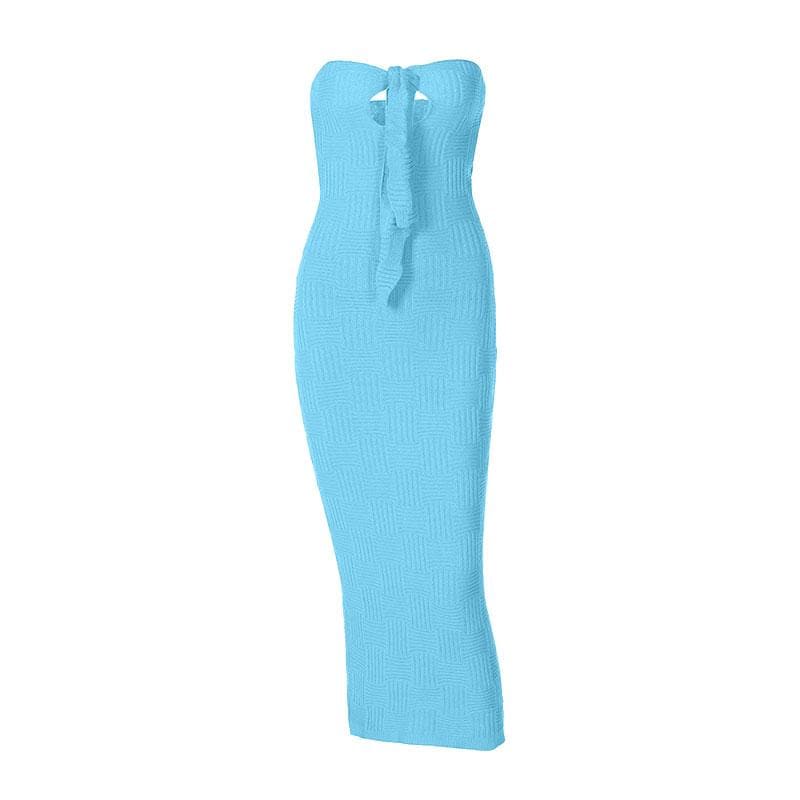 Strapless Sweetheart Basketweave Knit Keyhole Tie Front Column Midi Dress 3