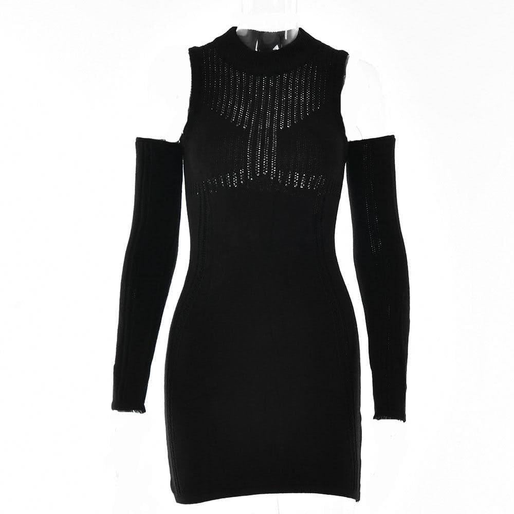 Mock Neck Cold Shoulder Pointelle Panel Long Sleeve Bodycon Mini Dress