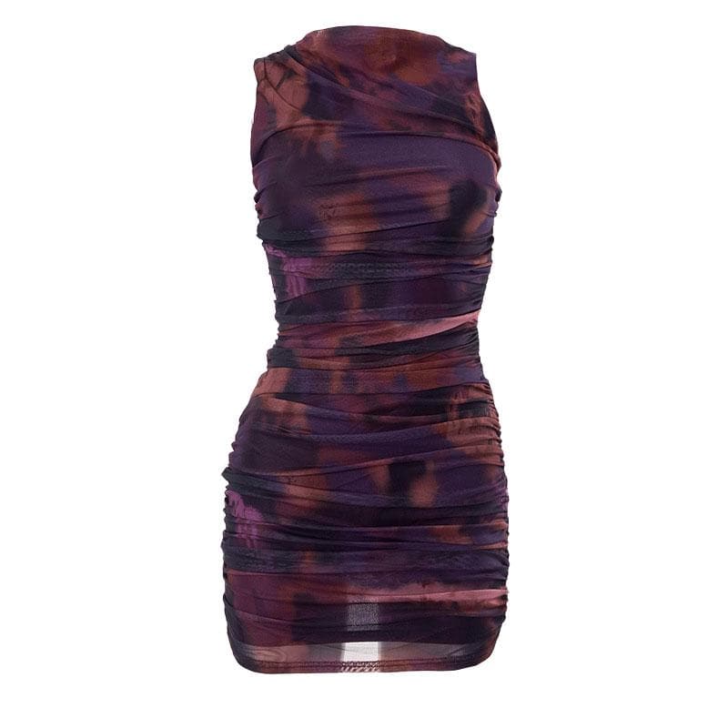 Crewneck Sleeveless Ruched Abstract Tie Dye Mesh Mini Dress 2