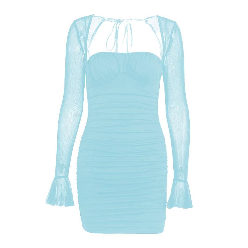 Square Neck Sweetheart Bust Ruched Mesh Bell Sleeve Mini Dress 11