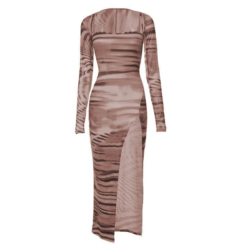 Tiger Print Spaghetti Strap Thigh Slit Bodycon Maxi Dress with Long Sleeve Shrug 9