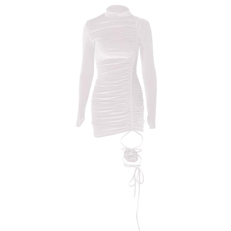 Mock Neck Velvet Ruched Side Flower Applique Cord Trim Mini Dress 9