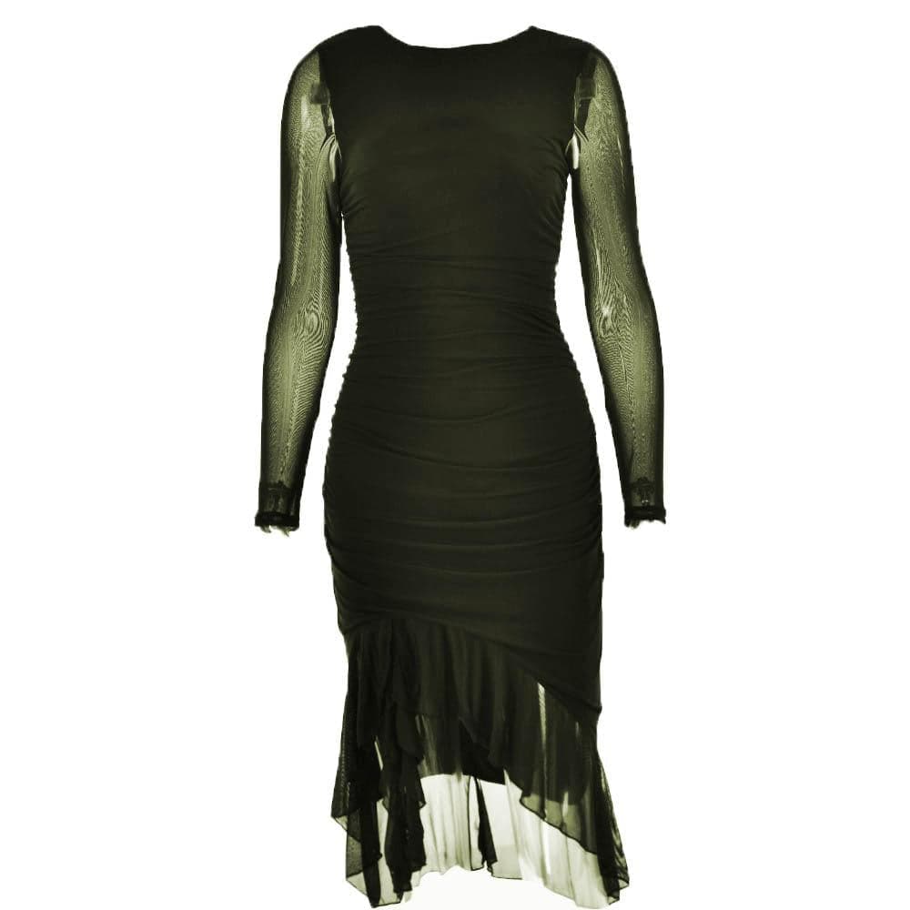 Zip Front Mesh Ruched Long Sleeve Backless Midi Dress 9