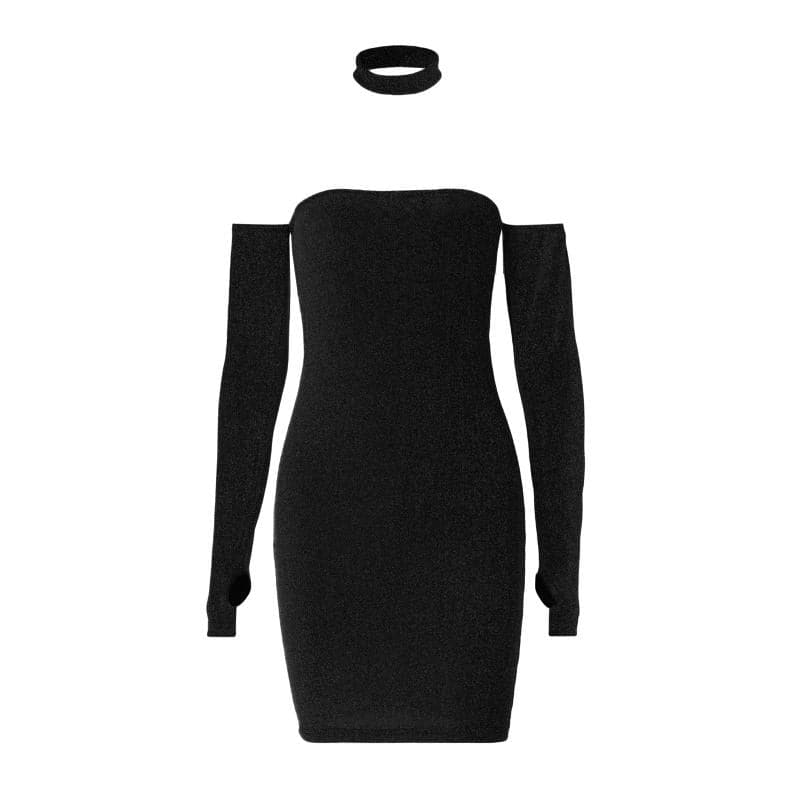 Strapless Glitter Tube Detached Sleeve Thumbhole Choker Mini Dress Set 8