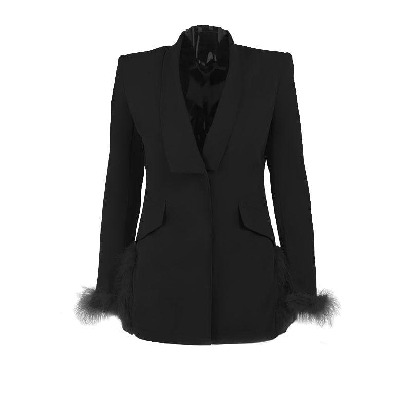 Shawl Collar Feather Trim Longline Blazer Coat 8