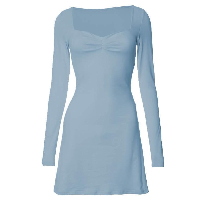 Square Neck Ruched Bust Long Sleeve Bodycon Mini Dress 10