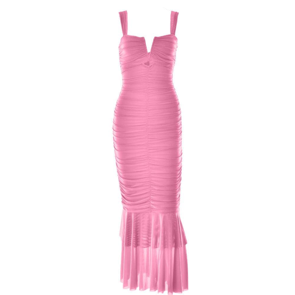 Wide Strap Cutout Bust Ruched Bodice Tiered Mesh Ruffle Hem Maxi Dress 13
