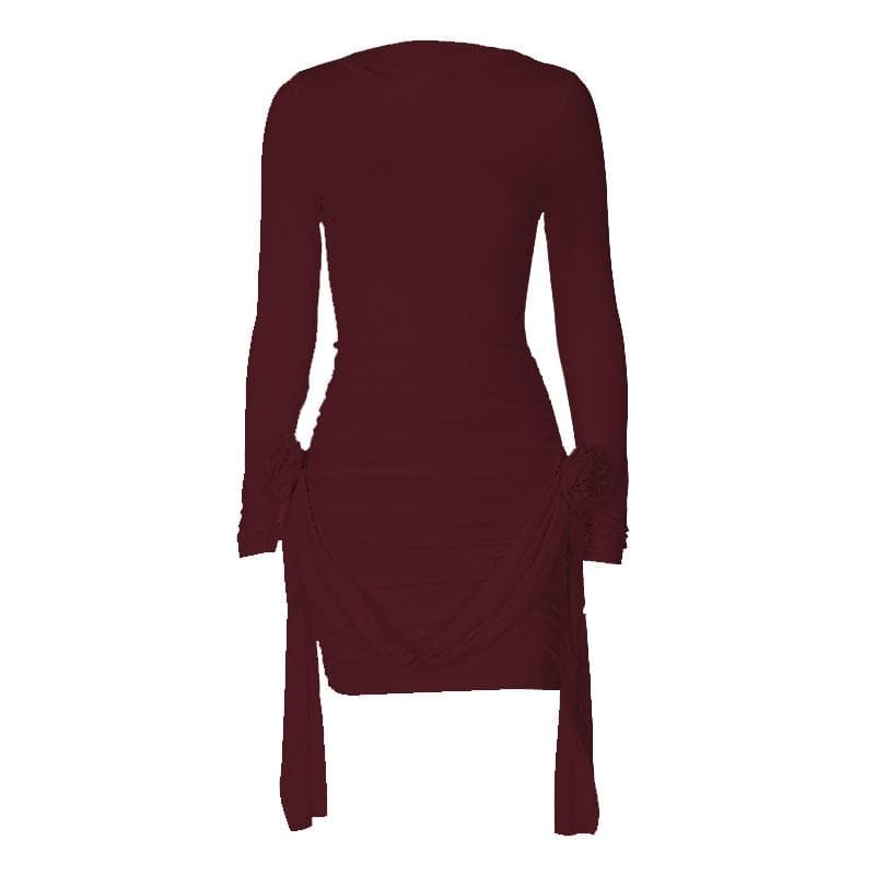 Flower Applique Ribbon Trim Ruched Long Sleeve Mini Dress 9