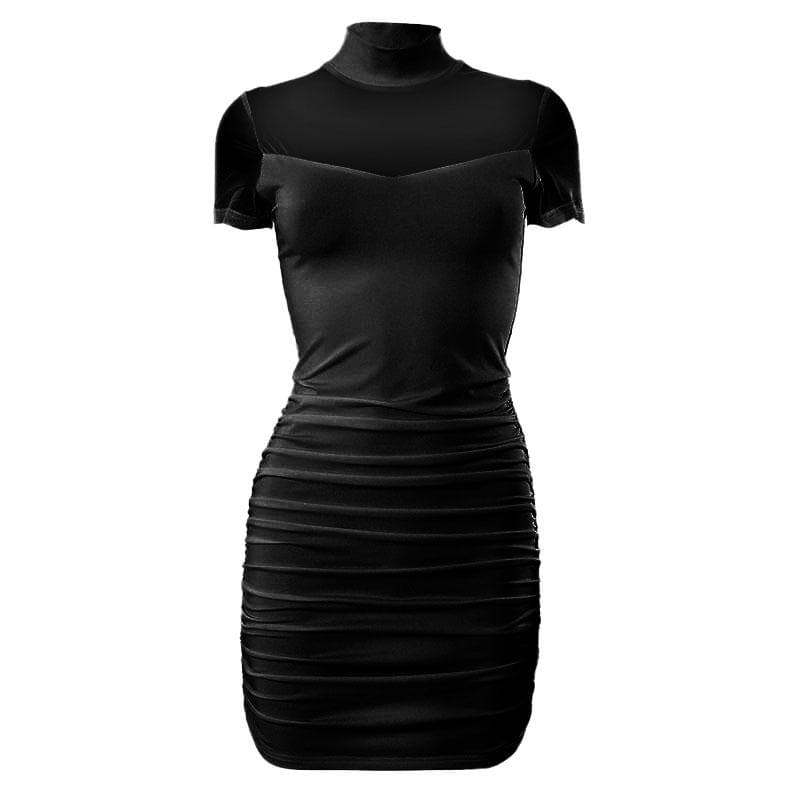 Mesh Mock Neck Short Sleeve Ruched Bodycon Mini Dress 2
