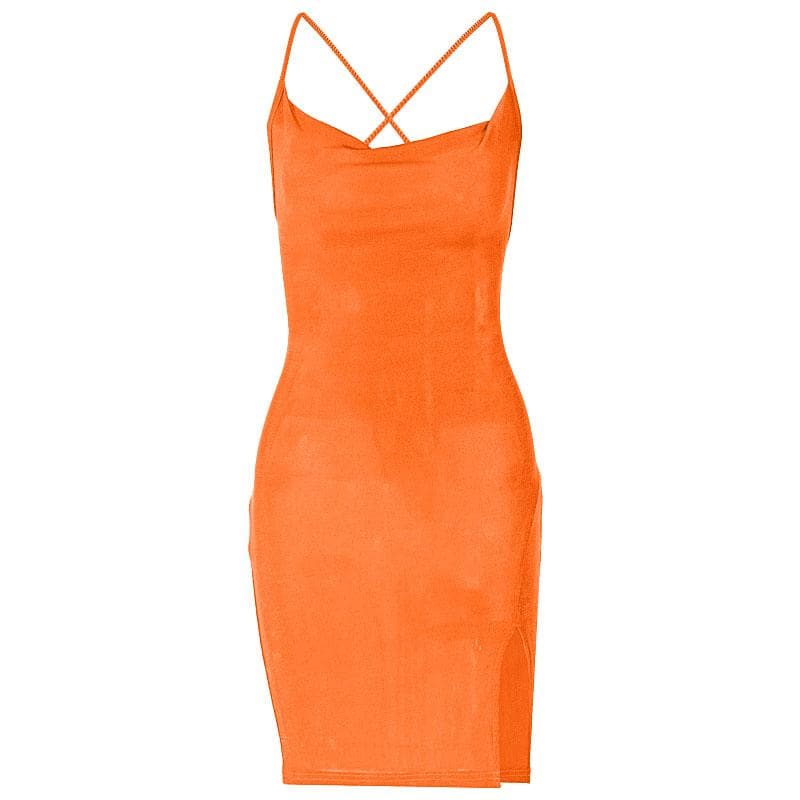 Cowl Neck Spaghetti Strap Side Slit Backless Bodycon Mini Dress 2