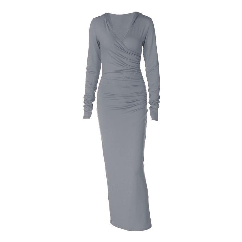 Hooded V-Neck Wrap Ruched Long Sleeve Bodycon Maxi Dress 9