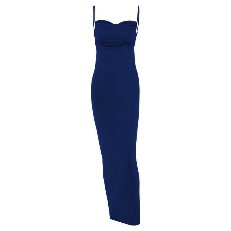 Spaghetti Strap Plunging Backless Ruched Bodycon Maxi Dress 2