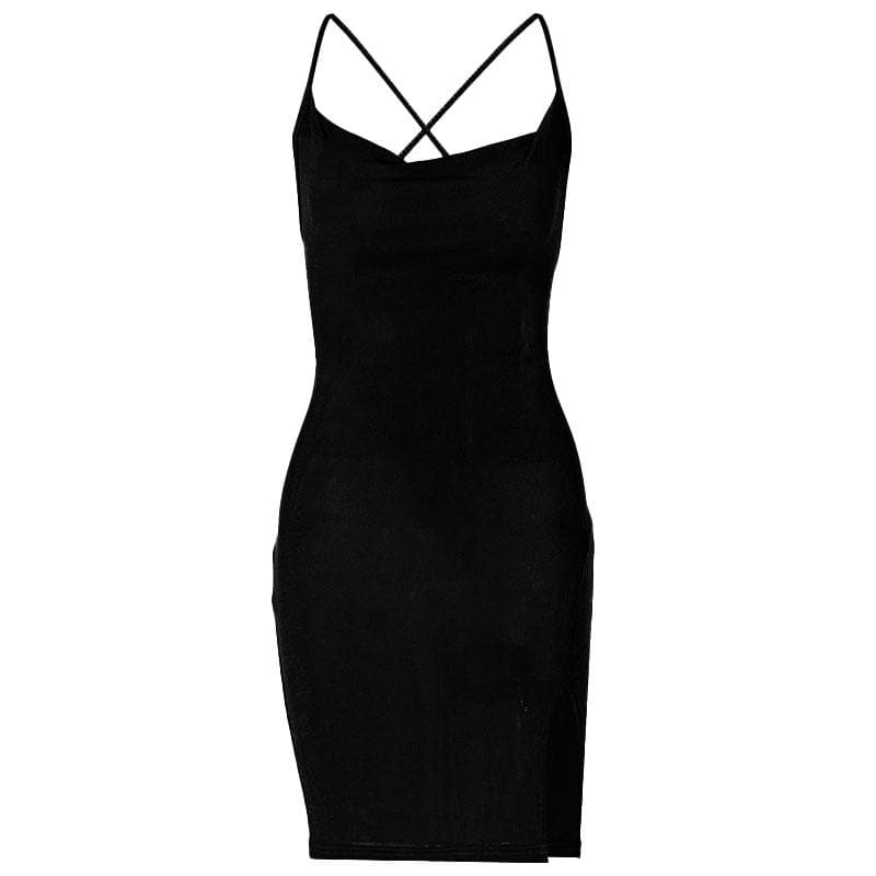 Cowl Neck Spaghetti Strap Side Slit Backless Bodycon Mini Dress 3