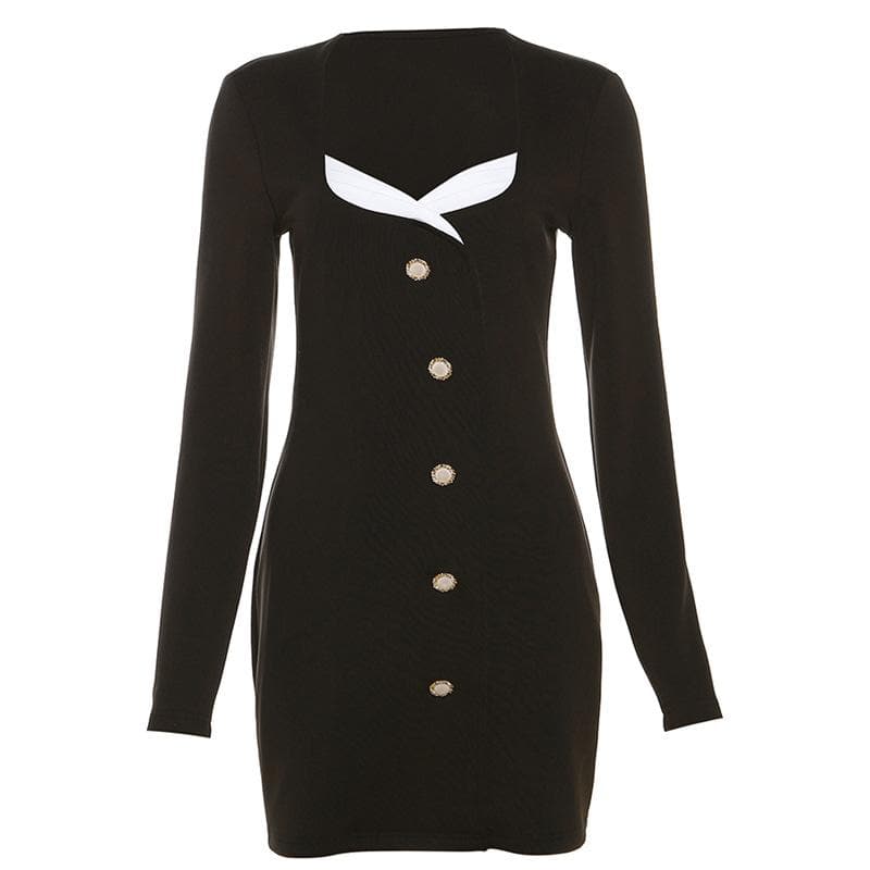 Long Sleeve U Neck Contrast Panel Button Front Bodycon Mini Dress 2