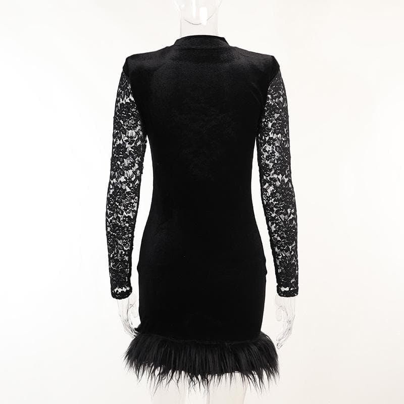 Mock Neck Floral Lace Long Sleeve Velvet Skirt Feather Trim Mini Dress 3
