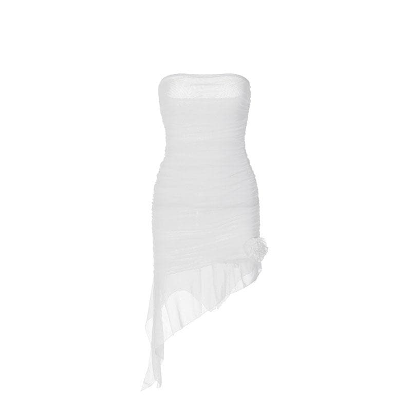 Strapless Ruched Mesh Rosette Asymmetric Hem Mini Dress 9