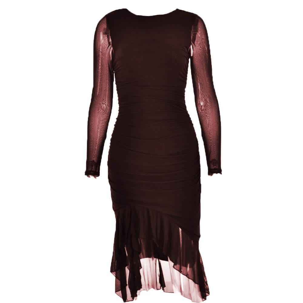 Zip Front Mesh Ruched Long Sleeve Backless Midi Dress 10