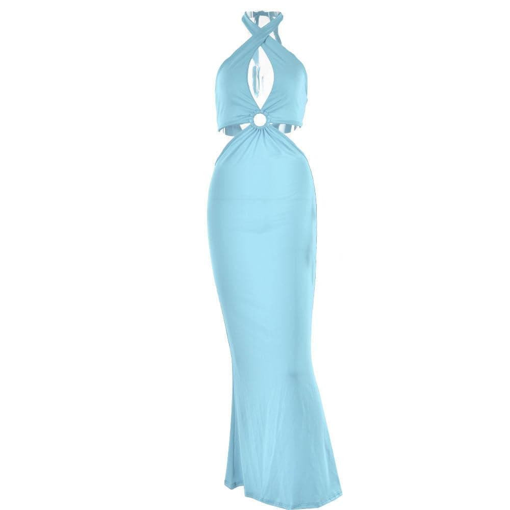Cross Front Halter O-Ring Cutout Backless Self-Tie Maxi Dress 6