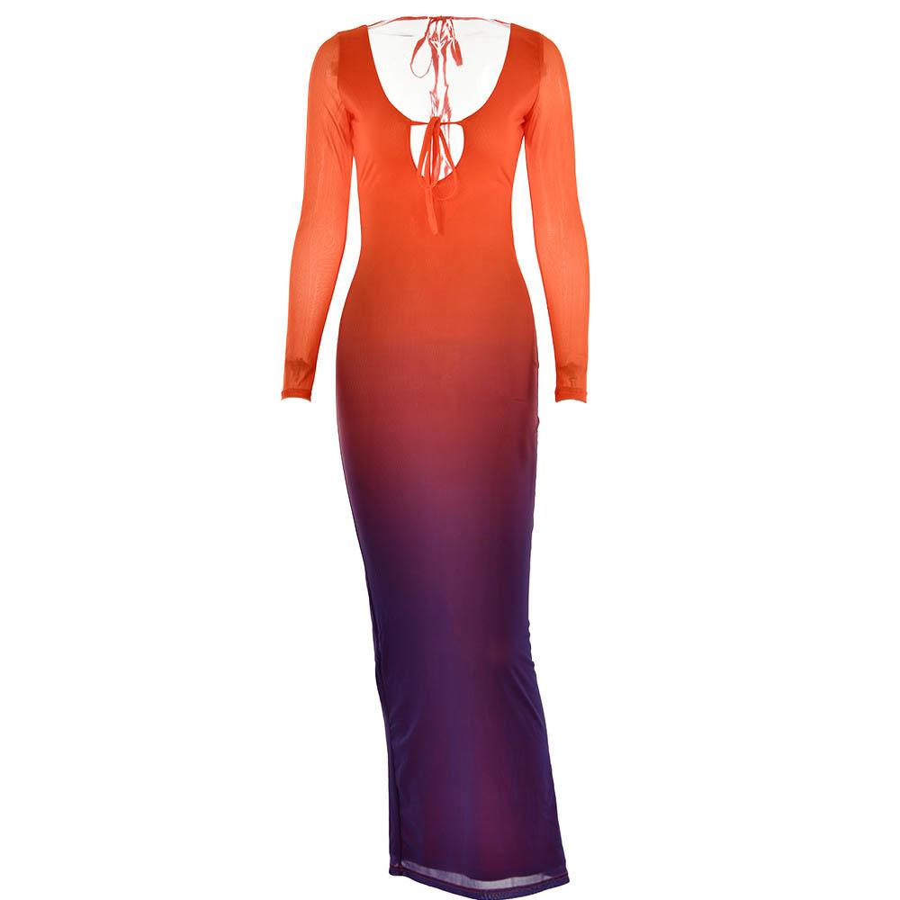 Ombre Mesh Long Sleeve Keyhole Tie Back Slit Maxi Dress 2