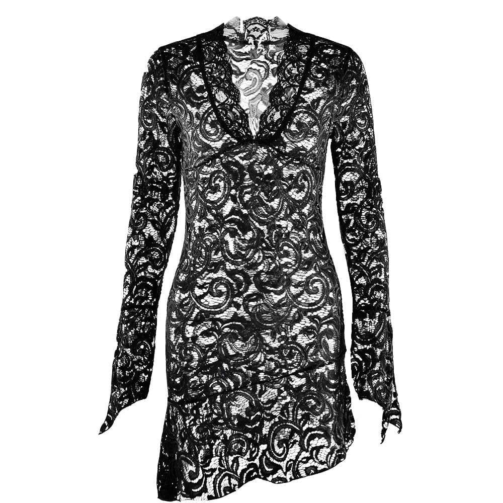 Floral Lace Bell Sleeve Handkerchief Hem V-Neck Mini Dress 2