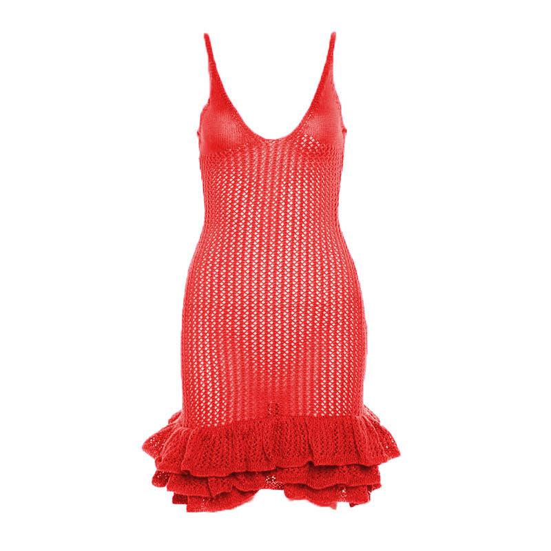 Spaghetti Strap V-Neck Crochet Pointelle Ruffle Lettuce Hem Mini Dress 14