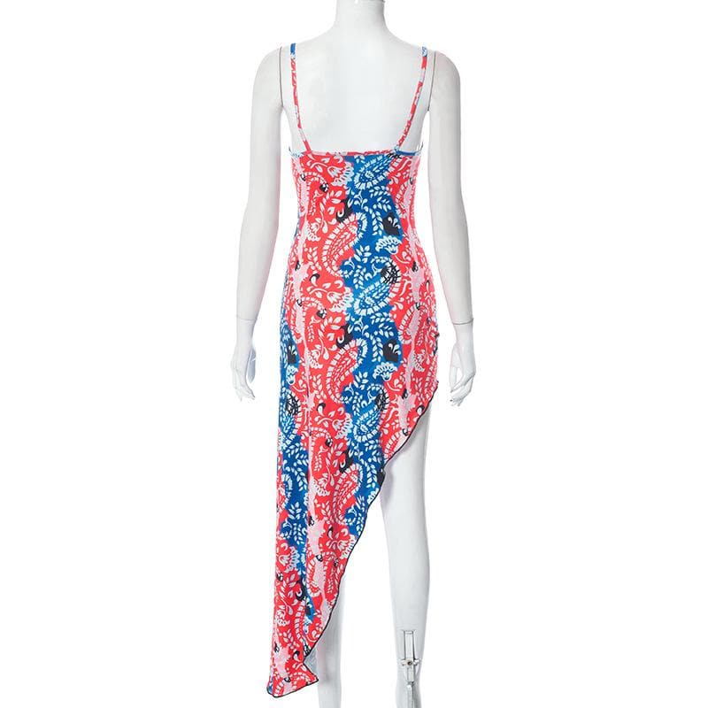 Paisley Print Cowl Neck Spaghetti Strap Thigh Slit Bodycon Midi Dress 4