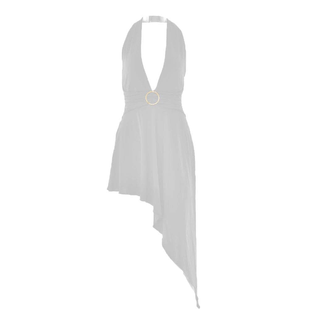 Halter O-Ring Plunge V-Neck Ring Waist Asymmetric Hem Midi Dress 8