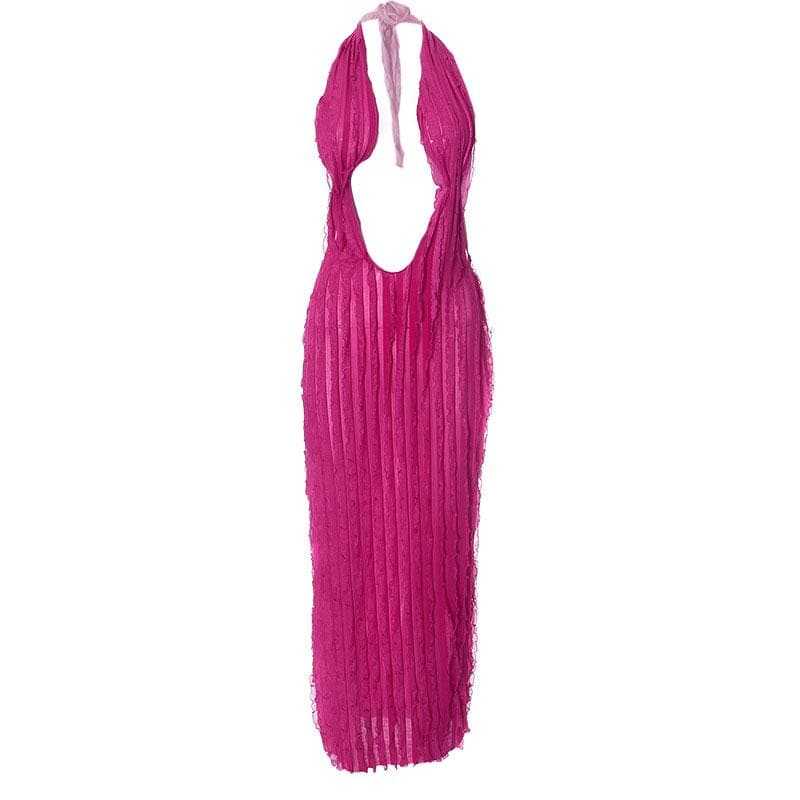 Halter Deep Plunge U Neck Vertical Ruffle Mesh Bodycon Maxi Dress