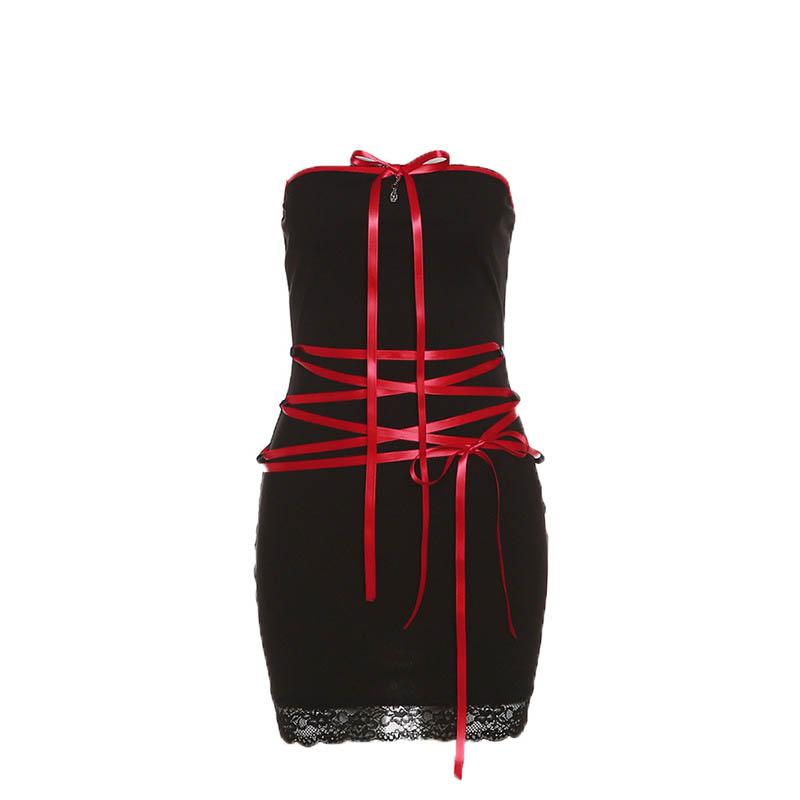 Strapless Ribbon Lace Up Lace Hem Mini Dress