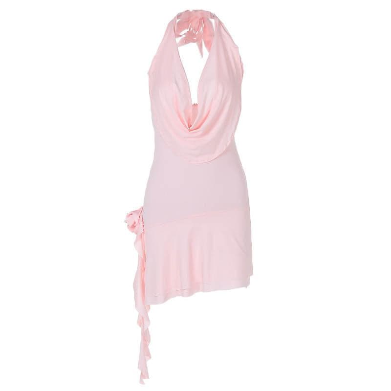 Cowl Neck Halter Ruffle Trim Side Cascade Backless Mini Dress 2