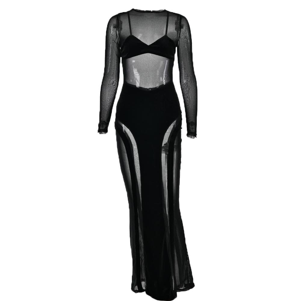 Mesh Patchwork Velvet Paneled Long Sleeve Maxi Dress 2