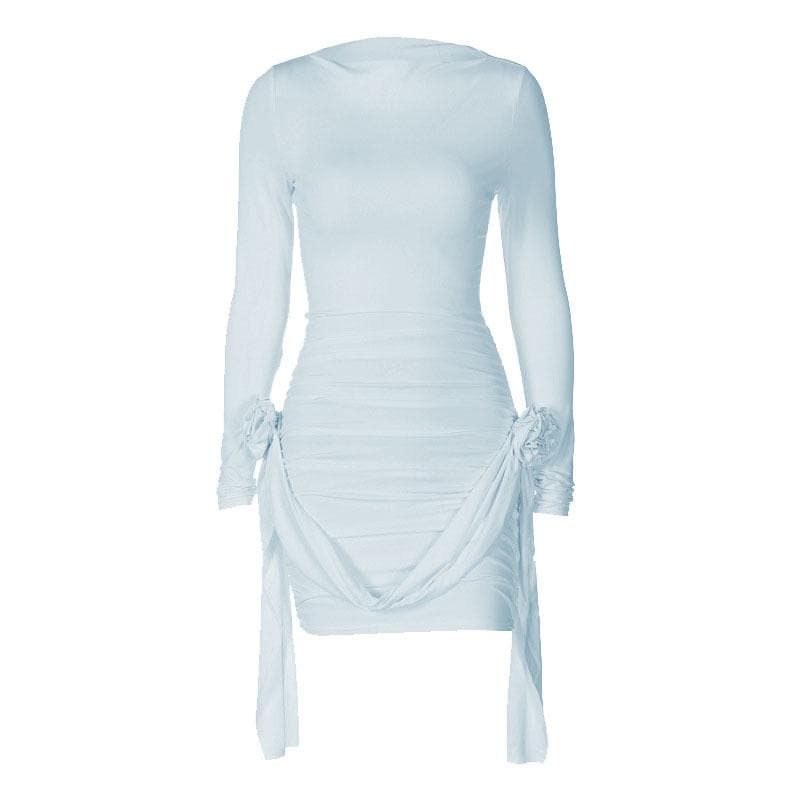 Flower Applique Ribbon Trim Ruched Long Sleeve Mini Dress 10