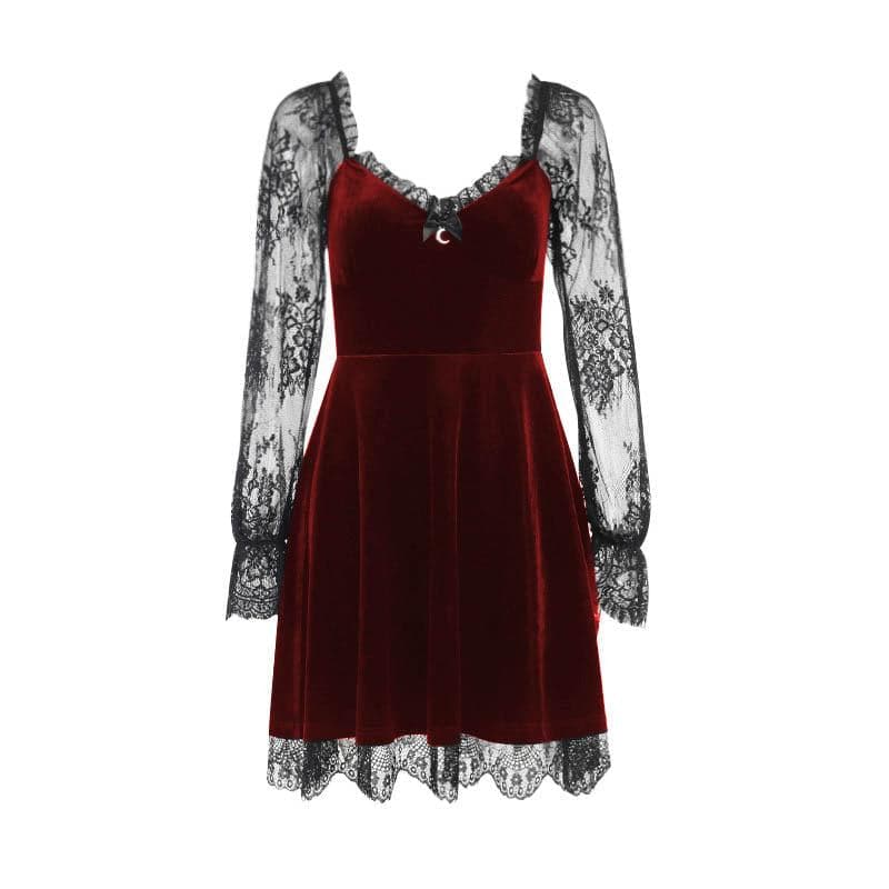 Sweetheart Velvet Bodice Lace Puff Sleeve Ruffle Hem Mini Dress 10