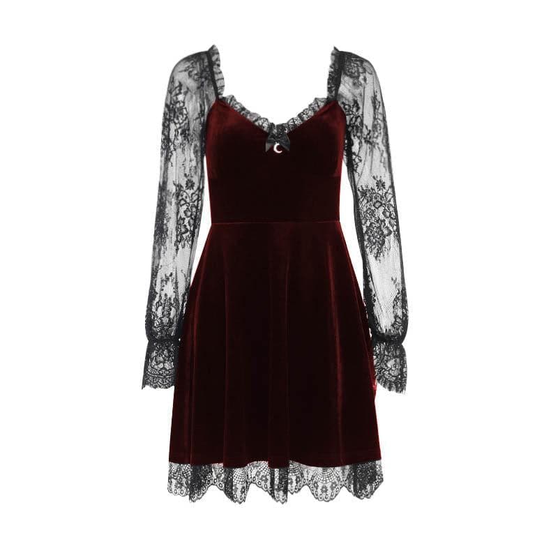 Sweetheart Velvet Bodice Lace Puff Sleeve Ruffle Hem Mini Dress 9