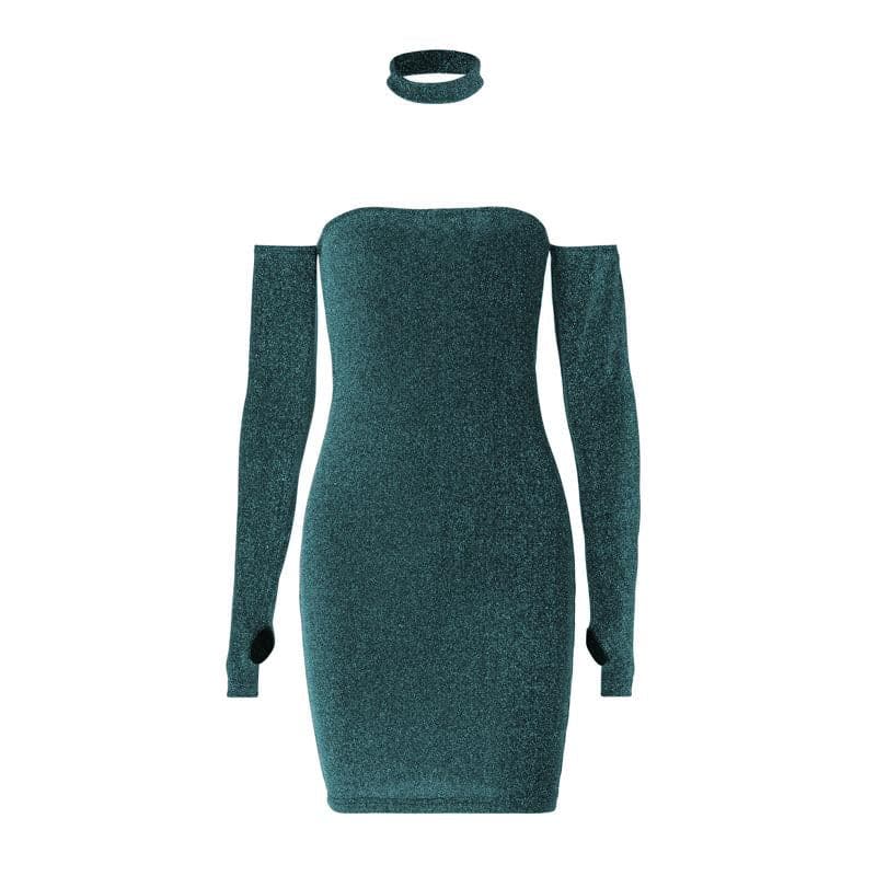 Strapless Glitter Tube Detached Sleeve Thumbhole Choker Mini Dress Set 9