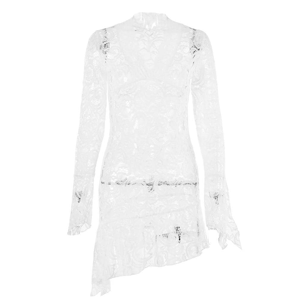 Floral Lace Bell Sleeve Handkerchief Hem V-Neck Mini Dress 13