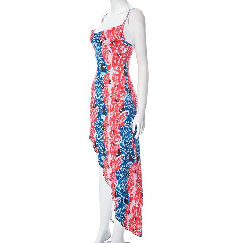 Paisley Print Cowl Neck Spaghetti Strap Thigh Slit Bodycon Midi Dress 3