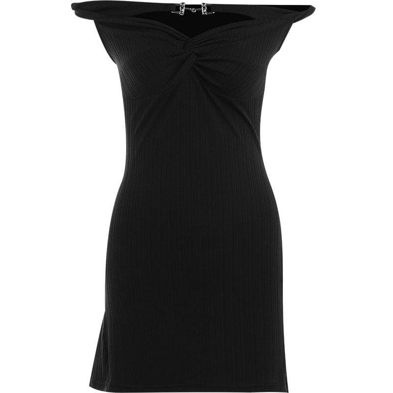 Off Shoulder Rib Knit Twist Knot Hardware Detail Bodycon Mini Dress 2