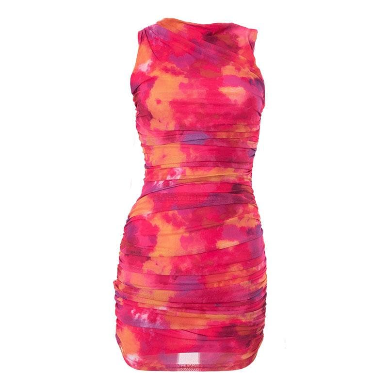 Crewneck Sleeveless Ruched Abstract Tie Dye Mesh Mini Dress 4
