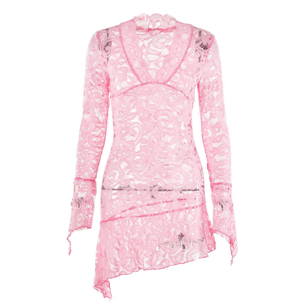 Floral Lace Bell Sleeve Handkerchief Hem V-Neck Mini Dress 5