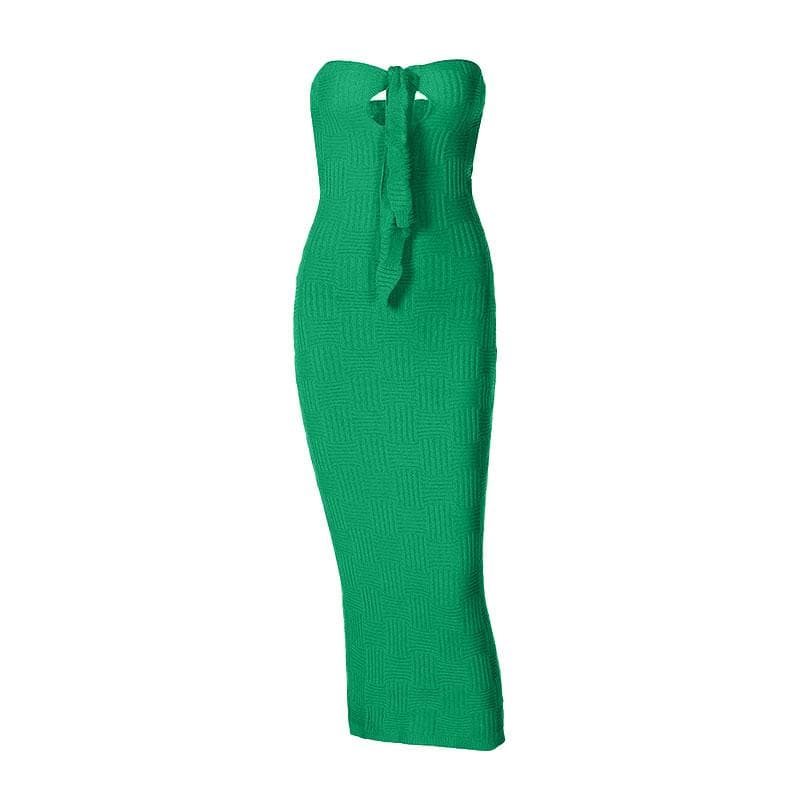 Strapless Sweetheart Basketweave Knit Keyhole Tie Front Column Midi Dress 2
