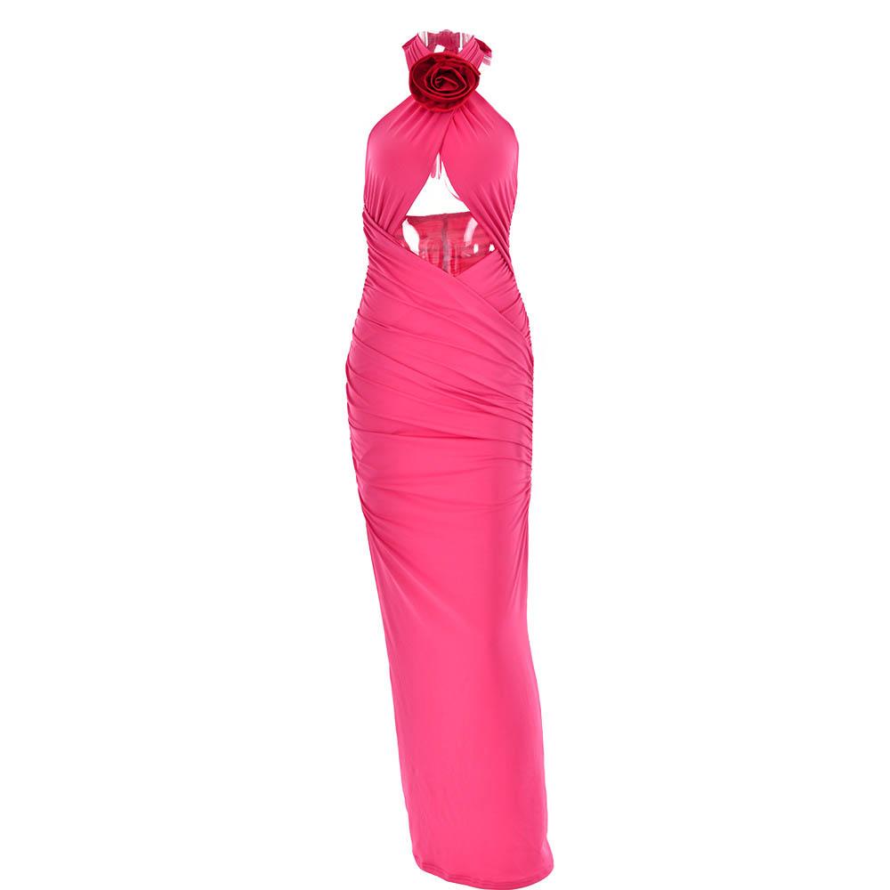 Halter Neck Flower Applique Cutout Cross Front Contrast Ruched Maxi Dress 2